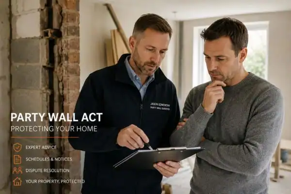 Party wall surveyor Brownhills discussing extension plans with homeowner outside a UK semi-detached house.